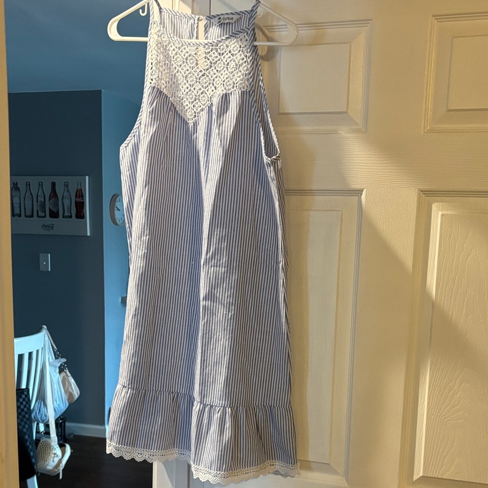 Blue and White Striped Dress with Lace Detail